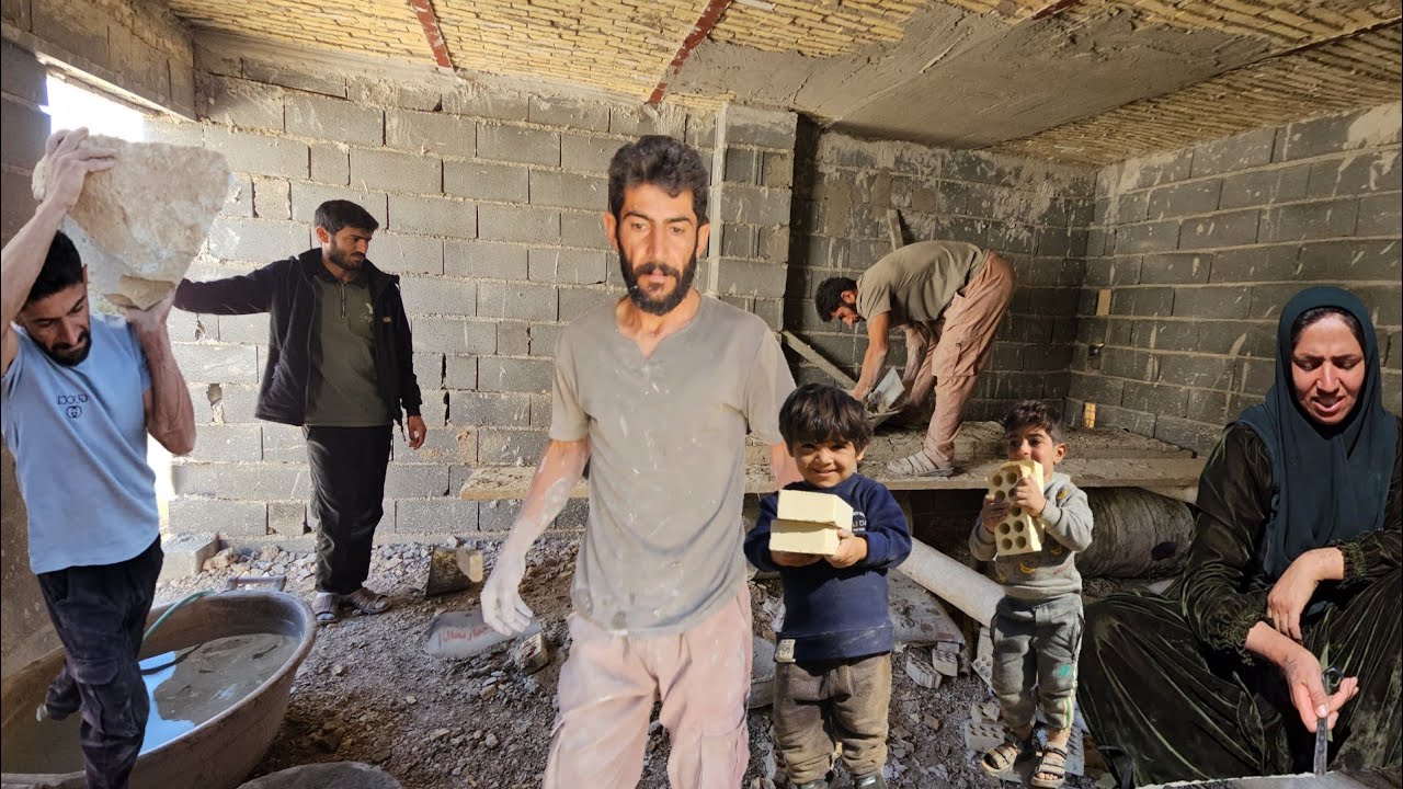 Ali's happy family day: starting plastering the new house with Farzaneh