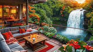 Morning Spring Coffee Porch by Forest Waterfall with Elegant Piano Jazz Music to Work, Study