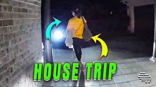 Girl Trips While Leaving Her House