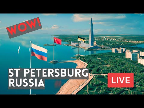 Gulf of Finland Beach, Lakhta Center, Gazprom Arena, Giant Flags in ST PETERSBURG. Live