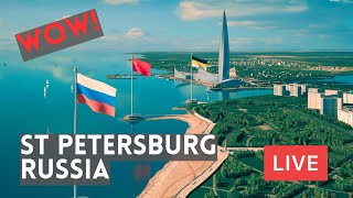 Gulf of Finland Beach, Lakhta Center, Gazprom Arena, Giant Flags in ST PETERSBURG. Live