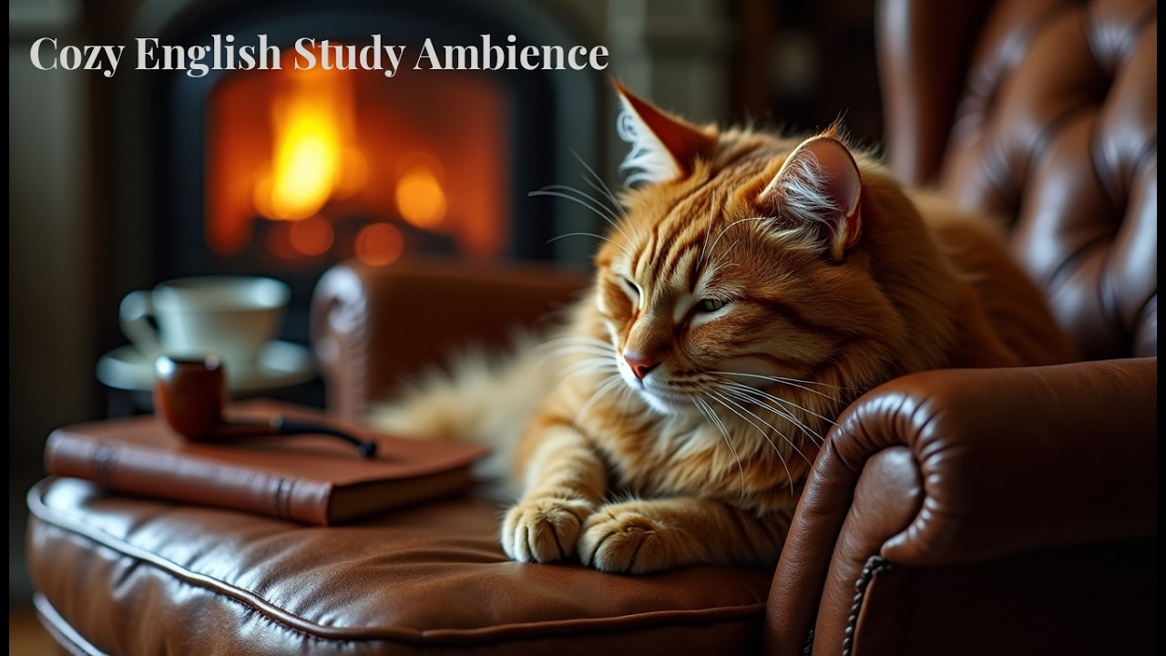 Cozy English Study Ambience • Fireplace, Cello & Sleeping Cat for Relaxation
