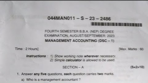 Management Accounting B.B.A 4th Semester Question Paper Year 2023 Karnataka of Dharwad University