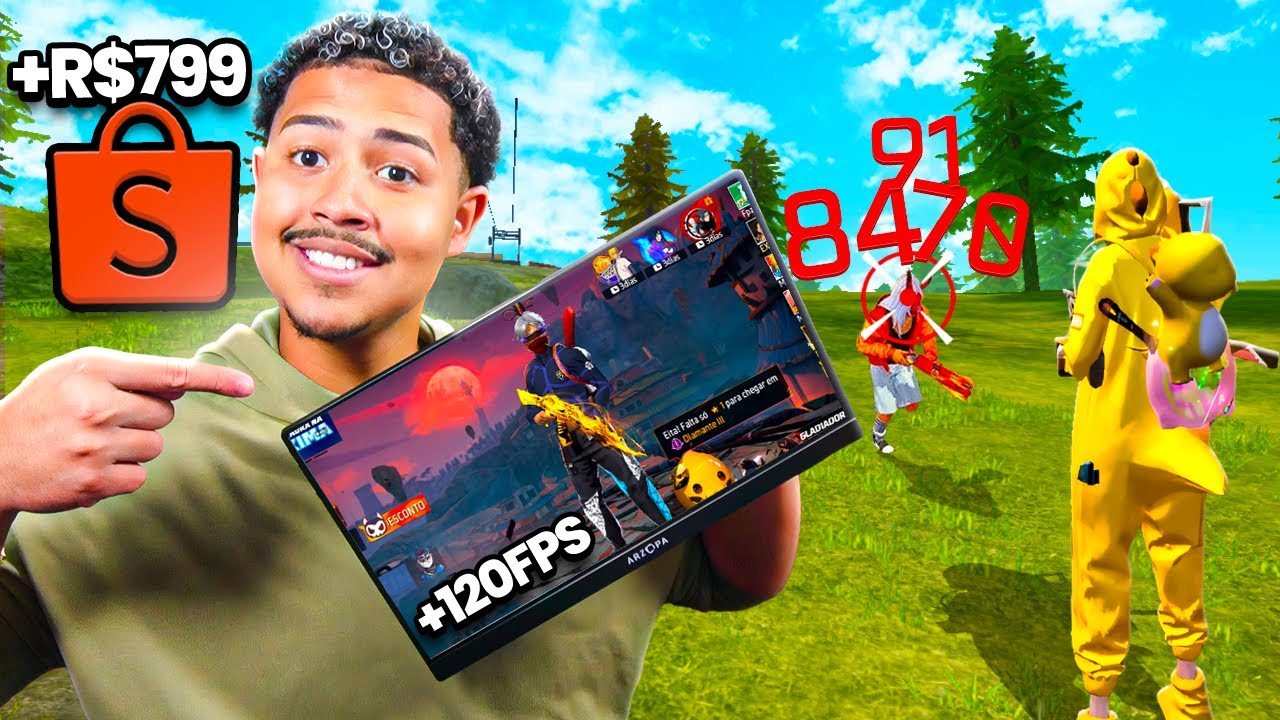 JOGUEI FREE FIRE NO MONITOR PORTÁTIL DA SHOPEE! ROUBADO DEMAIS!