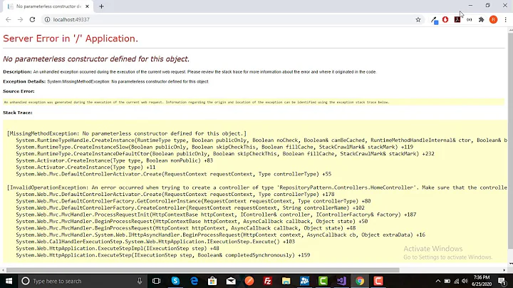 Make sure that the controller has a parameterless public constructor in Asp Net MVC 5