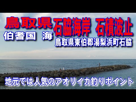 #100鳥取県石脇海岸石積波止地元では人気のアオリイカ釣りポイント鳥取県東伯郡湯梨浜町石脇伯耆国の石積波止遠浅の釣り場キス釣り人が多い美しい弓形の海岸山陰自動車道無料区間国道9号