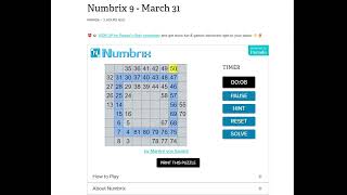 AI Solve Daily Numbrix 9 Puzzle: 3/31/2025 (ASMR)