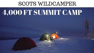Winter mountain camp at icy weather station Explore Scotland wild camping.