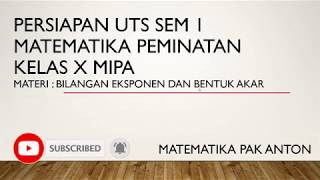 Video ini membahas beberapa soal yang sering dikeluarkan dalam uts
matematika peminatan kelas x sem 1. jangan lupa klik subscribe, like,
share dan comment ya