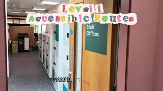 Accessible Route - Balcony (Essentials/PGR Lounge) and Level 1 (Student Leadership/Community Spaces)