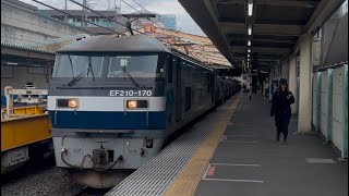 「キヤとコラボ！！」EF210-170号機(新鶴見機関区所属・100番台新塗装・キャラ桃なし)+タキ17Bが貨物列車として東浦和駅を通過するシーン！【8685レ・新A152・石油輸送】