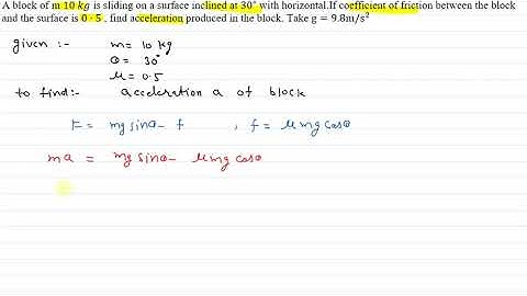 a block of mass m 10kg is sliding on a surface inclined at 30 with horizontal. if coefficient of