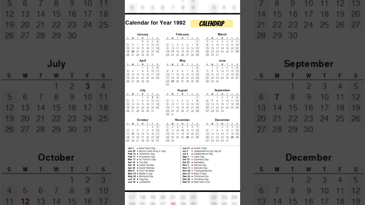 Calendar 1992 #monthsoftheyear - YouTube