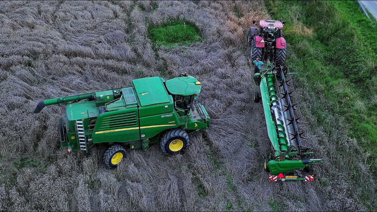 Nočná žatva v zničenom poraste pšenice pred dažďom s John Deere 670i