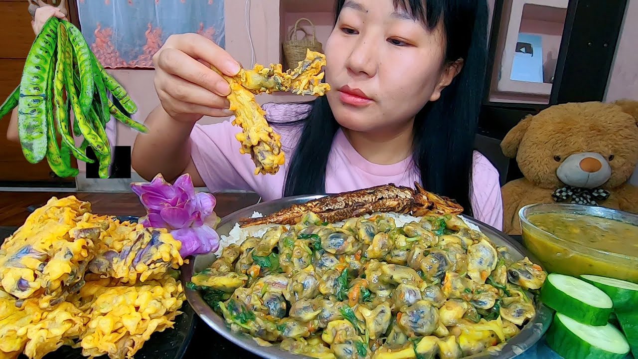 Stink Bean Seed With King Chilli Chutney || Arrowroot flower Bora| Fried Fish And RiceBean Curry