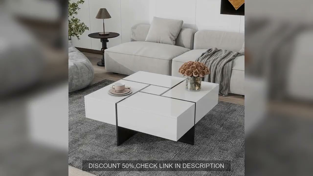 Modern Extendable Coffee Table with 4 Hidden Storage Compartments, UV High Gloss Square Center Cockt
