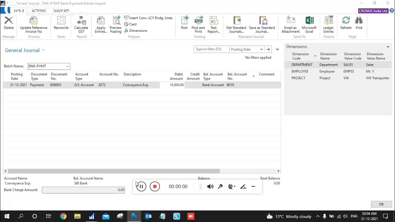 To ViEW Assigned DiMensions List in Journal Entry Page in Navision