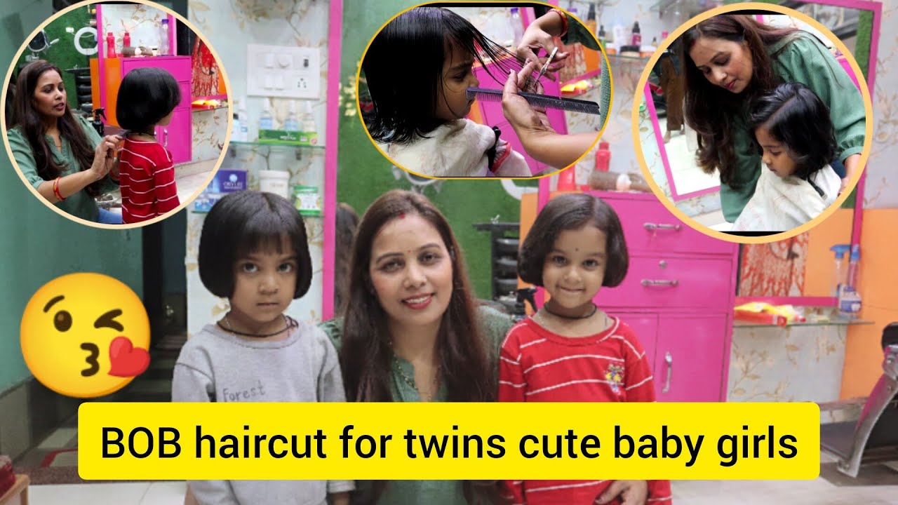 BOB haircut for twins cute baby girls step by मम्मी और बच्चे दोनों का हेयर मेकओवर