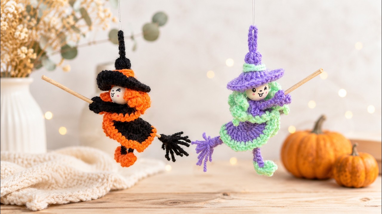 🧙‍♀️🧹Halloween Crochet Happy Witch 🧙‍♀️🧹Crochet Witch  on Broom Easy Pattern for beginners