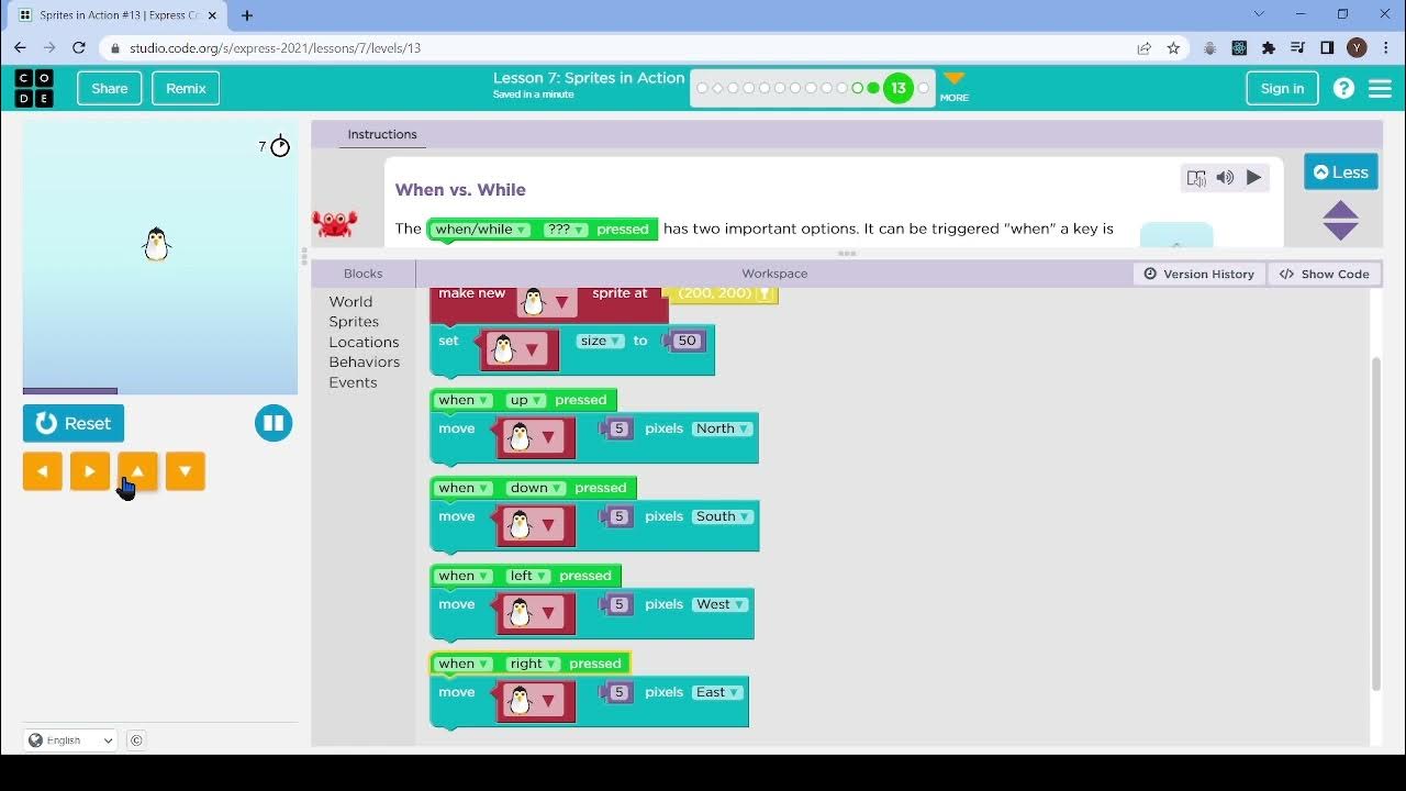 Code.org Lesson 7 Sprites In Action Answers L7-13 |Code.org | Express-2021 | Lesson 7:Sprites in Action | level 13