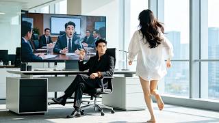 Wearing the CEO's shirt as pajamas, he entered the meeting room surprising the video executives.