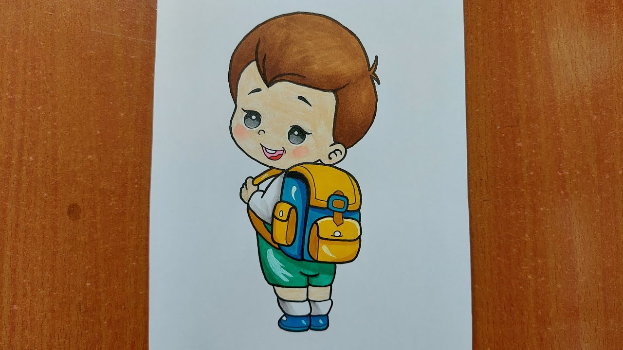 How to Draw a Boy carring school Bag to School drawing |School student drawing using Doms brush pens