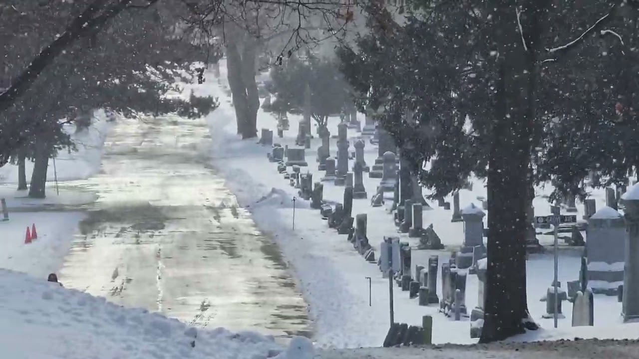 Mount Hope Cemetery in a sunny snowstorm