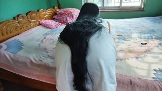 Work Time Silky Smooth Long Hair Bun Open And Beautiful Woman 4Ft Long Hair Play For Husband |