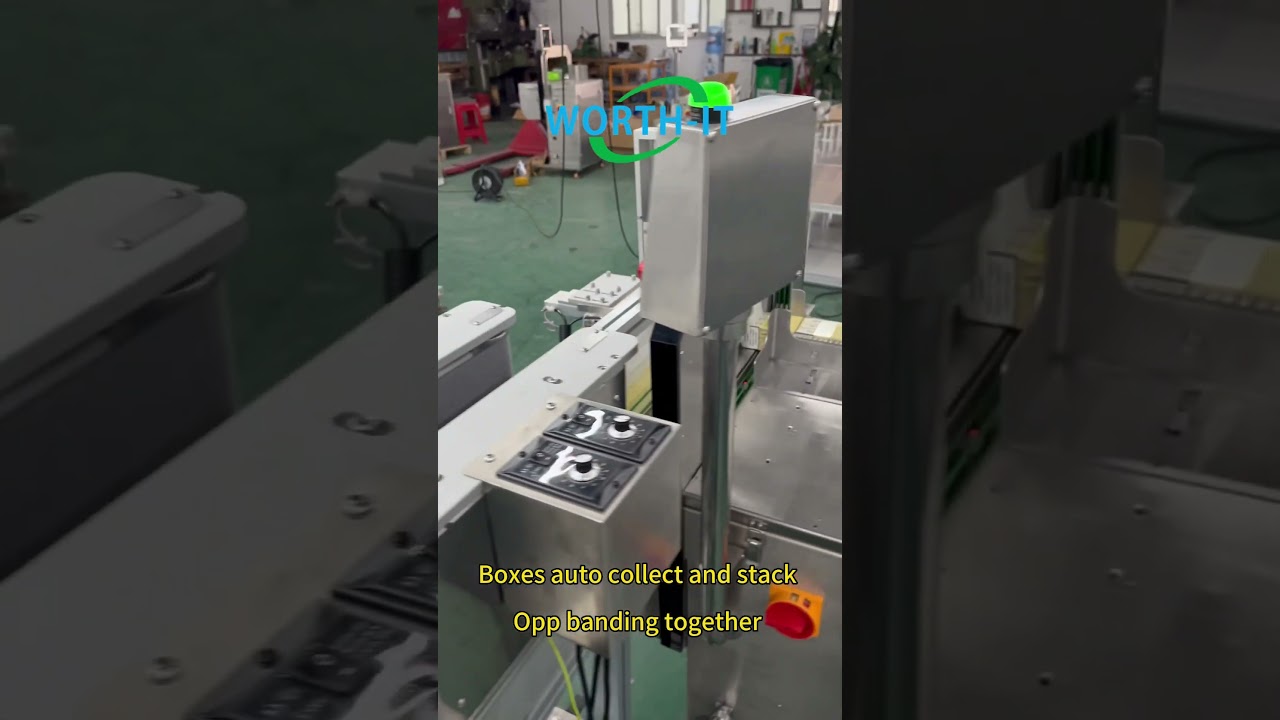 Boxes auto flip collect and stack then make strap opp banding pack together