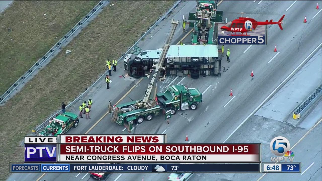 Large truck flips on I-95 SB in Boca Raton - YouTube