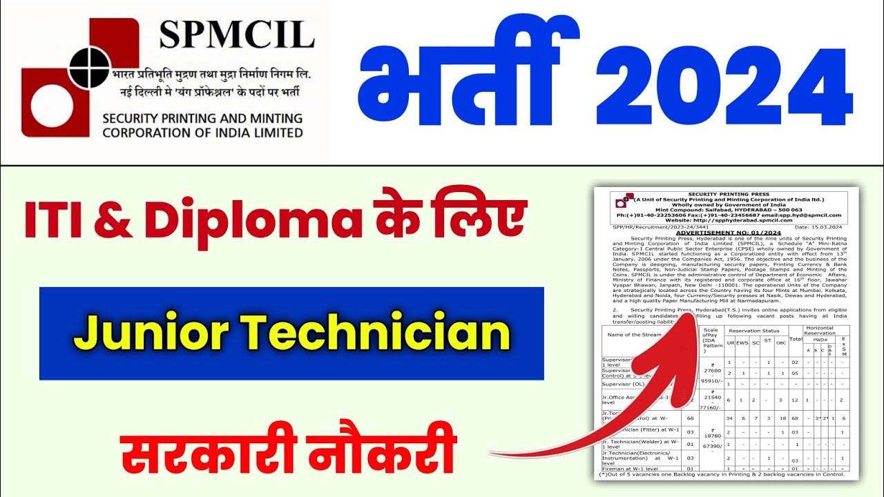 Junior Technician की सरकारी नौकरी ✅ SPMCIL Recruitment 2024 | Security Printing Press Vacancy 2024
