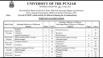 Revised Date Sheet For BA/BSc Part I And Associate Degree Arts/Science | revised date sheet ba bsc