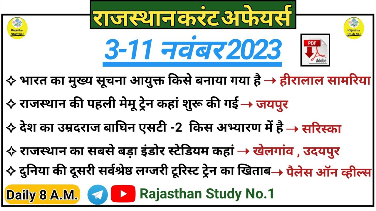3-11 November 2023 Rajasthan Current Affairs in Hindi l daily current ...
