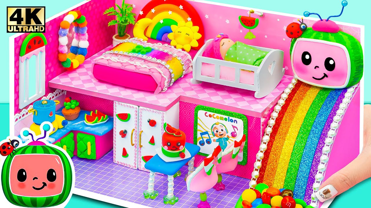Build Cute Cocomelon Pink House has Rainbow Slide Candy Pool from Polymer Clay - DIY Miniature House