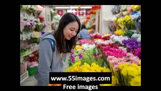 Free Ai images of Asian/ chinese woman in Flower shop, with uplifting Pop Song for work/ workout