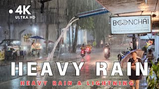 [4K UHD] Walking in Heavy Rain and Lightning in Bangkok | Heavy Rain Sound Thunder