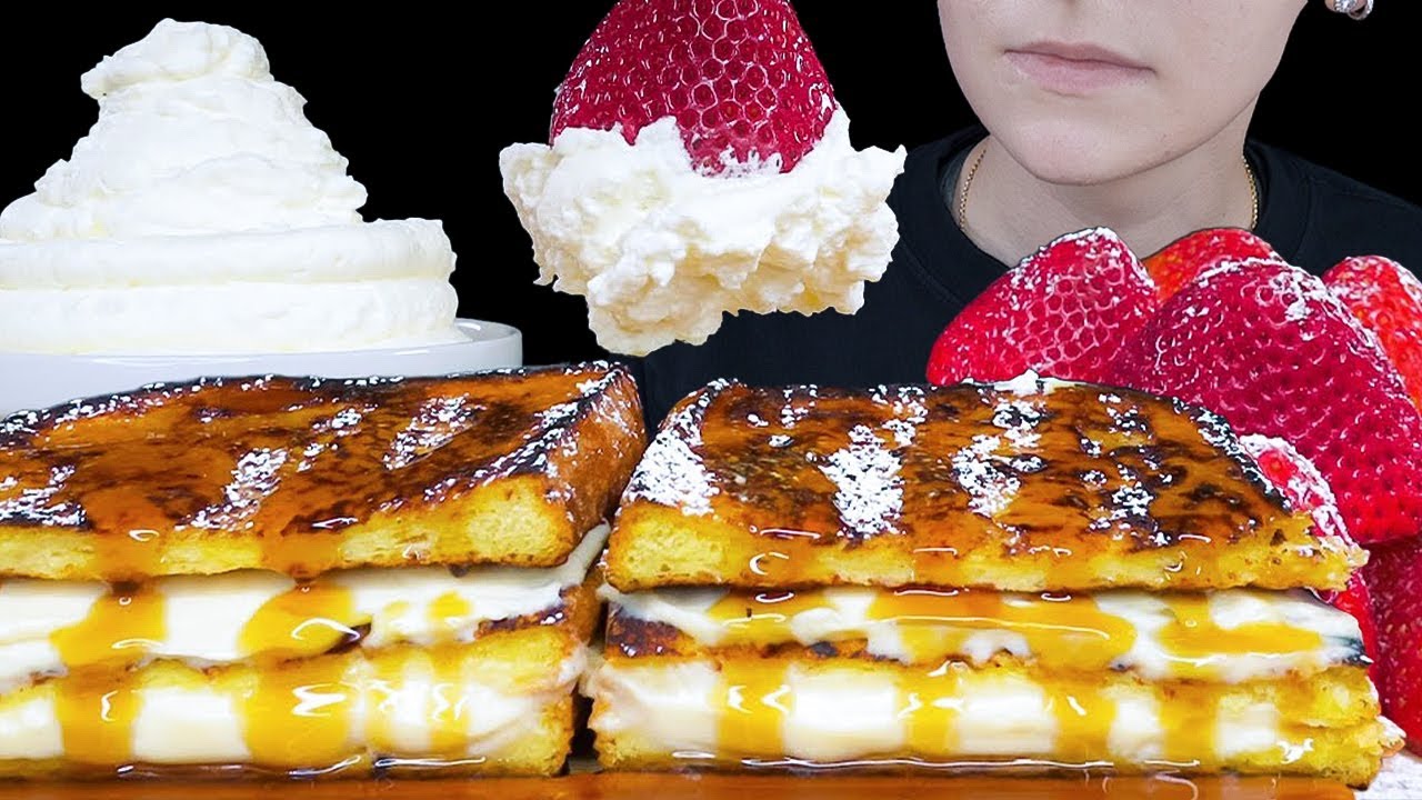 ASMR Cream Cheese Stuffed French Toast & Strawberries with Fresh Whipped Cream Mukbang Eating Sounds