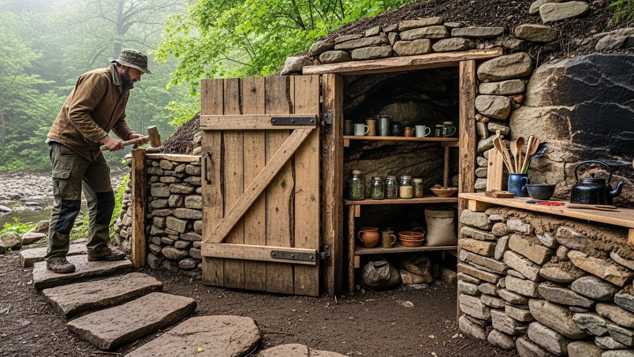 Man Builds a Cozy Cave Home with a DIY Kitchen for Wilderness Survival