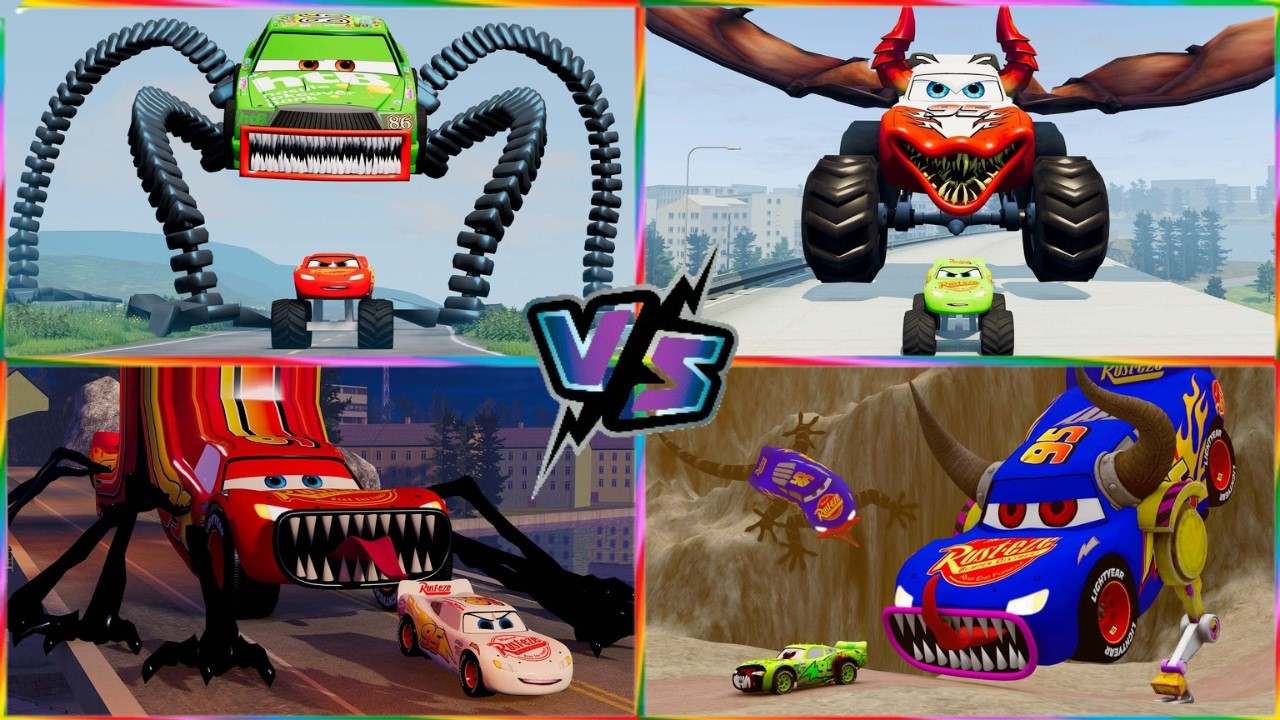 McQueen vs Giant Mutants 🏎Tiles Hop EDM Rush! 👹 MCQUEEN BUS MONSTER 🆚 Police Car 🆚 Dump Truck