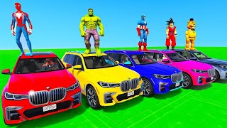 SPIDERMAN CARS Race Challenge on TRIPLE Ramps ! SUPERHERO HULK Iron Man Goku JEEP Racing - GTA V