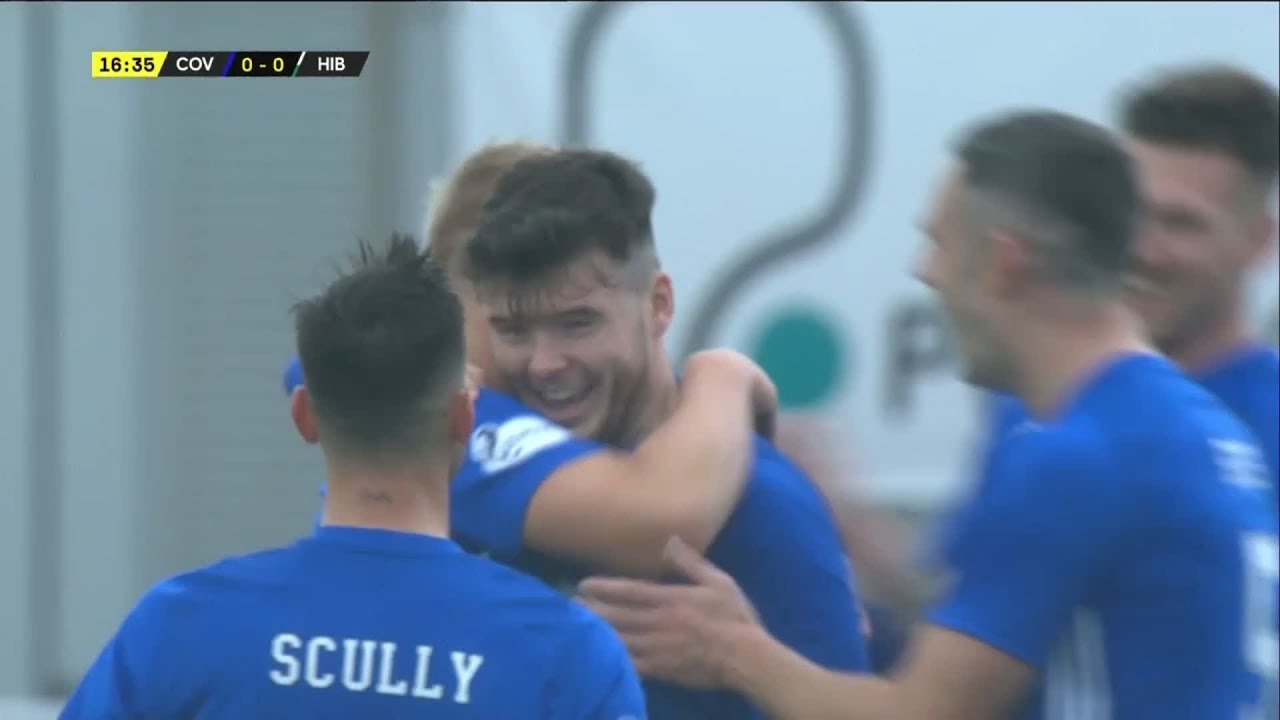 Daniel Higgins scores free kick for Cove Rangers against Hibs in Betfred Cup