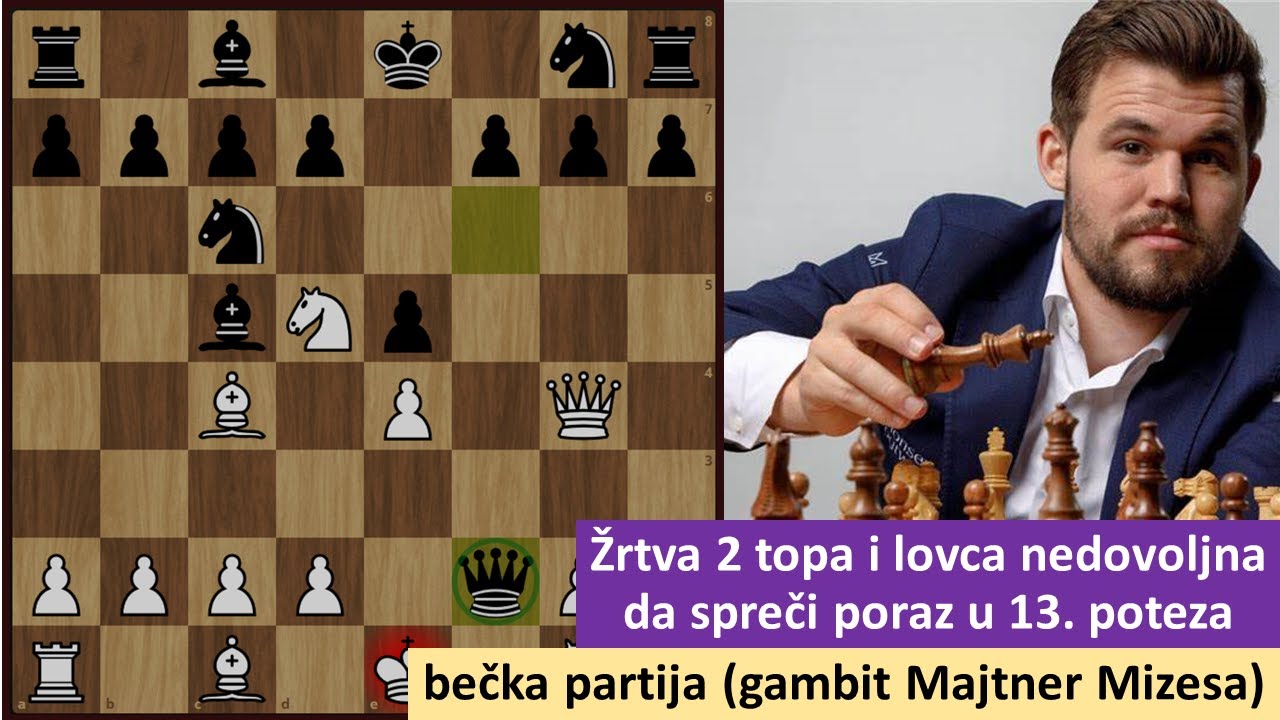 Žrtva 2 topa i lovca je nedovoljna da spreči poraz u 13  poteza - bečka partija Majtner Mizes gambit