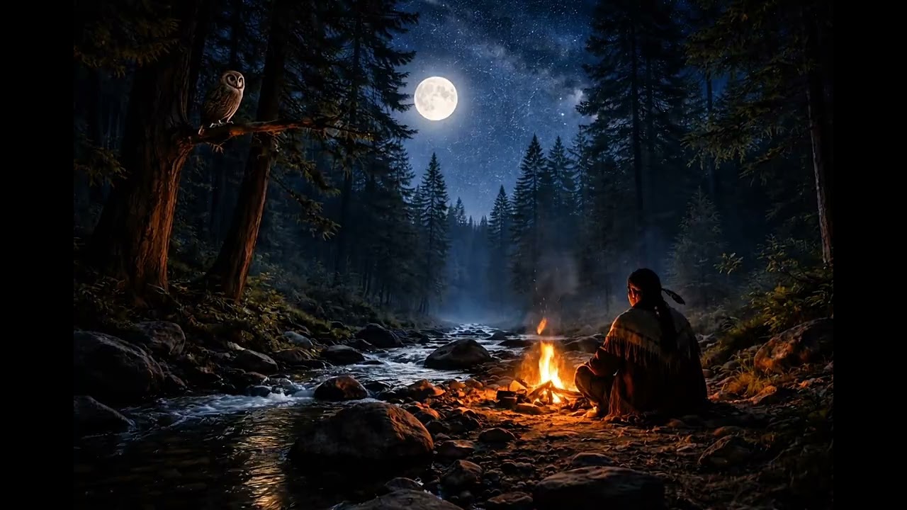 Moonlit Forest Campfire 🌙 1 Hour Deep Relaxation Ambient | Native Flute Night