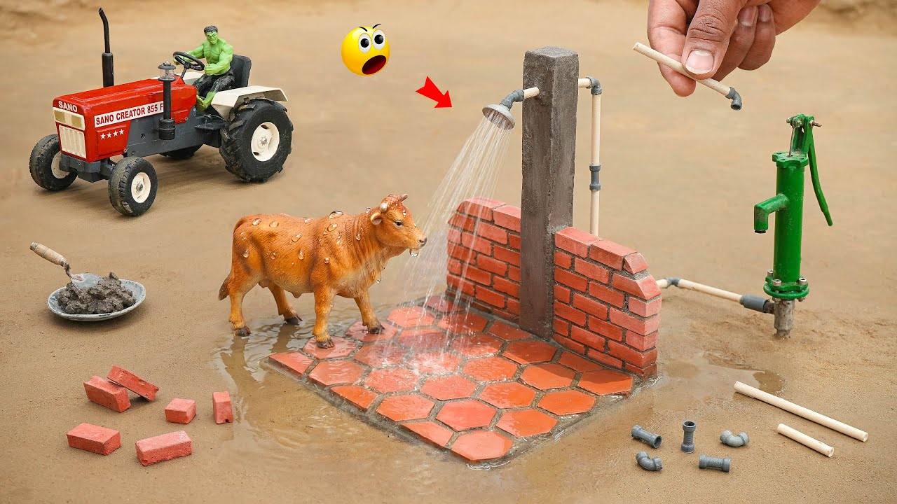 Mini Bricks Cow Shower Construction | Diy Tractor & Handpump Science Project @sanocreator