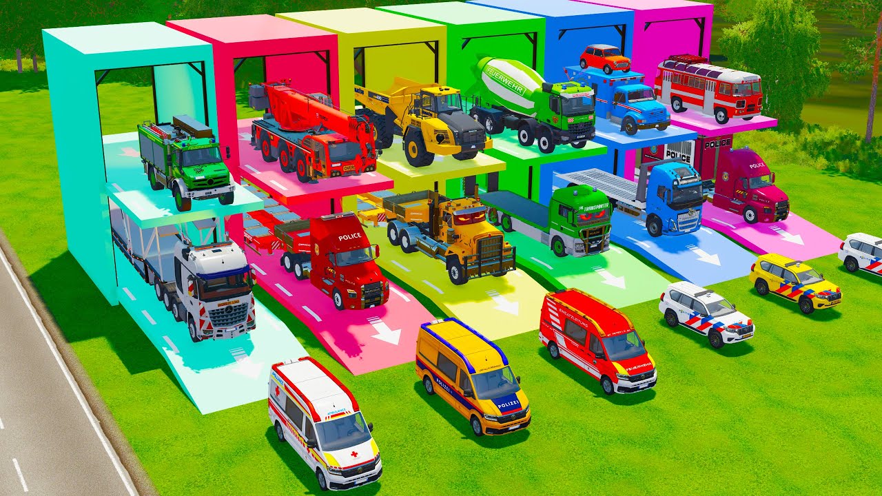 TRANSPORTING PUBLIC WORK VEHICLES, FIRE ENGINE, AMBULANCE, POLICE CARS, DUMP TRUCK TO GARAGE - FS22