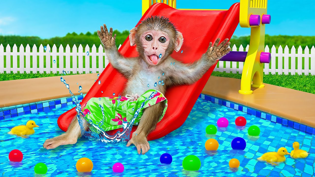 Smart Monkey BaBaBu plays on waterslide at summer swimming pool -  BABABU MONKEY
