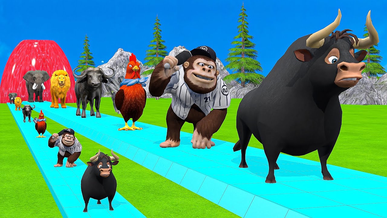 Paint & Animals Cow,Duck,Monkey,Lion,Sheep,Elephant Fountain Crossing Transformation Animal Cartoon