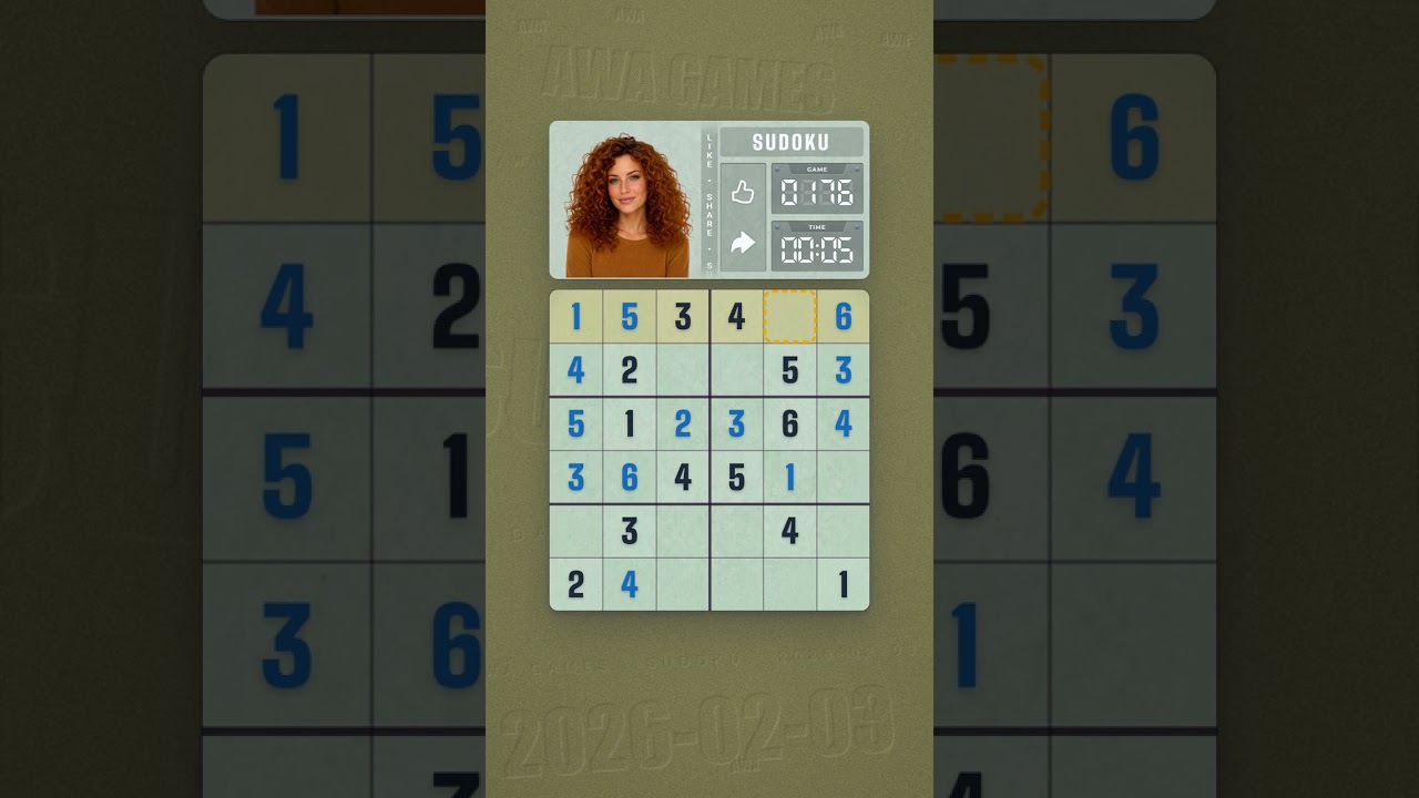 LinkedIn Mini Sudoku #176 solved board for February 3, 2026, 6x6 grid