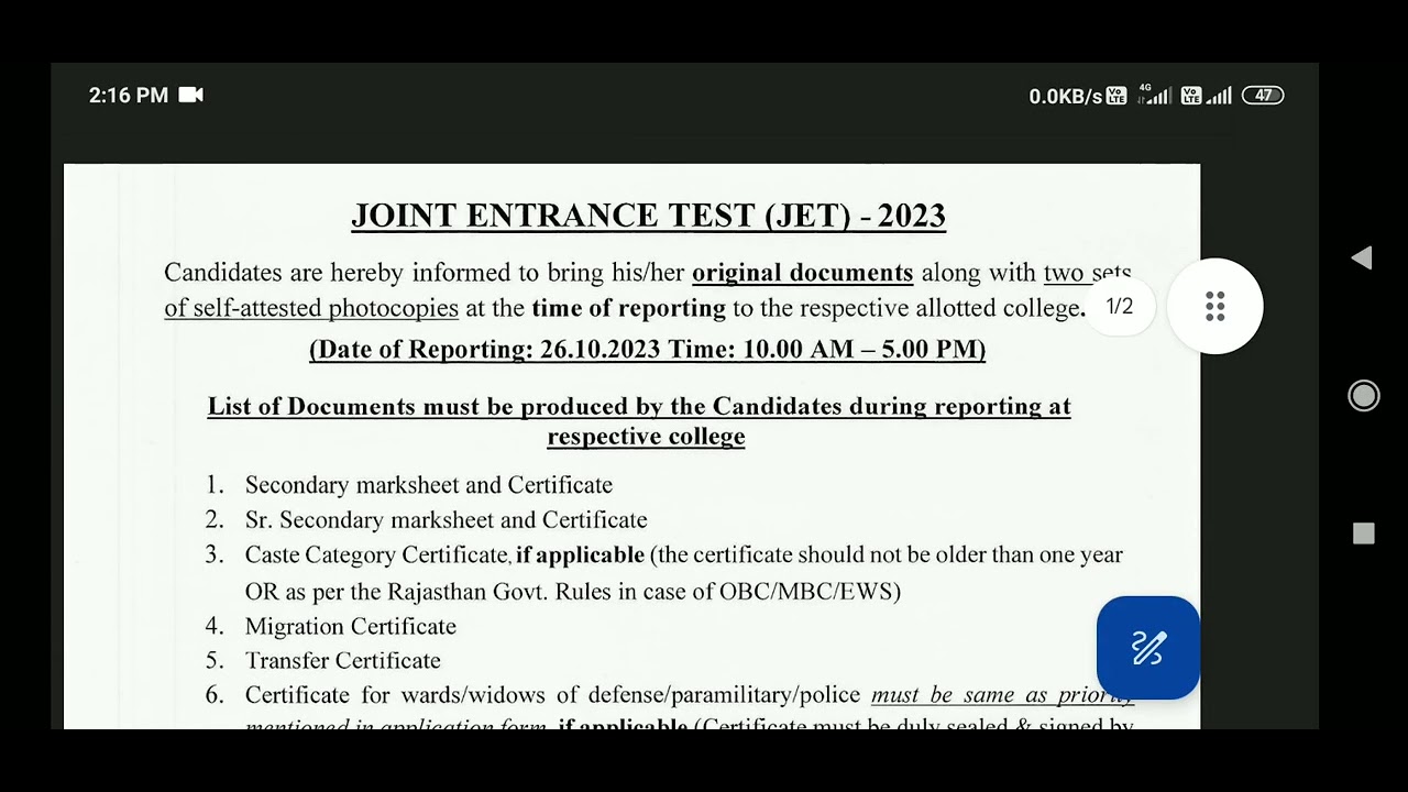 List of Documents College Reporting JET 2023. JET 2023 Spot Counseling College Reporting Documents.