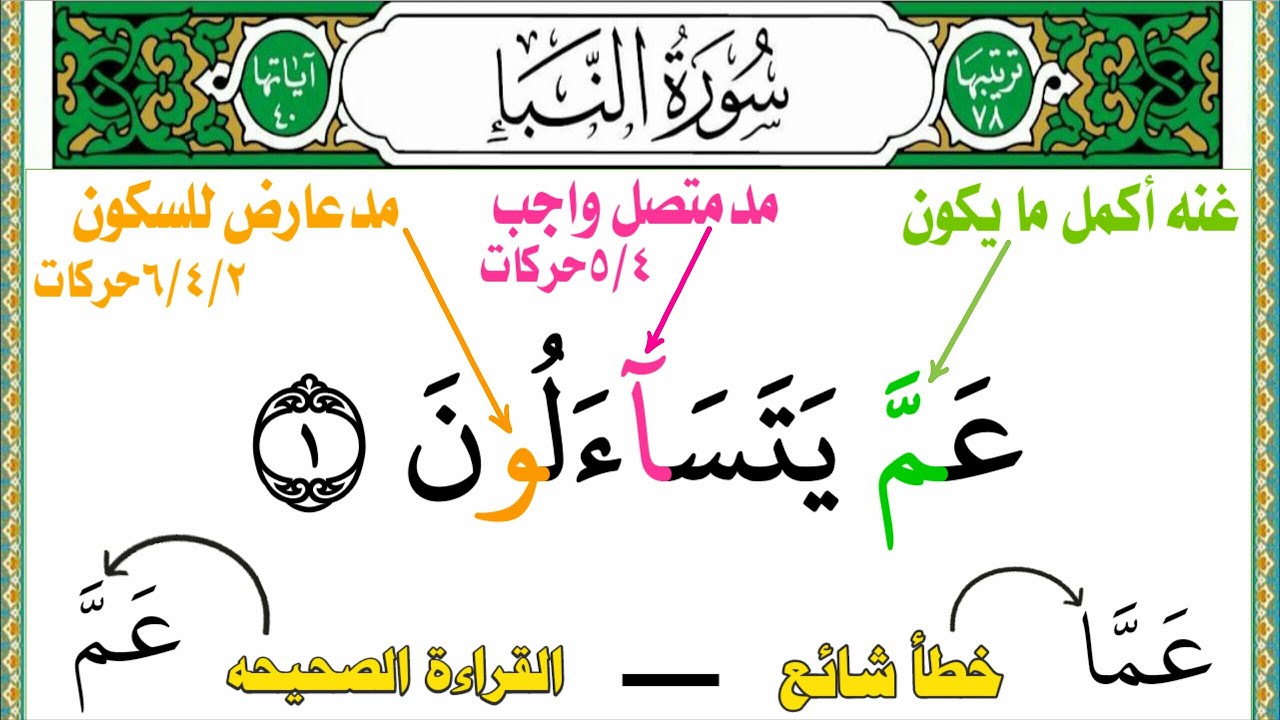 كيف تقرأ سورة النبإ بالتجويد بطريقه سهله جدا وجديده من جزء عم من(عم يتساءلون) إلى(وجعلنا اليل لباسا)